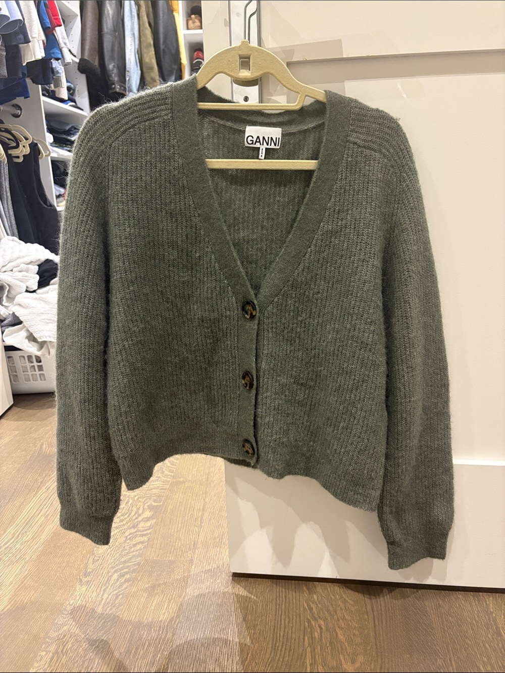 Ganni Olive Green V-Neck Button Cardigan